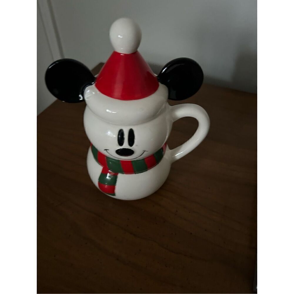 DISNEY Mickey Mouse Snowman Mug With Santa Hat Topper Winter Holiday Christmas
